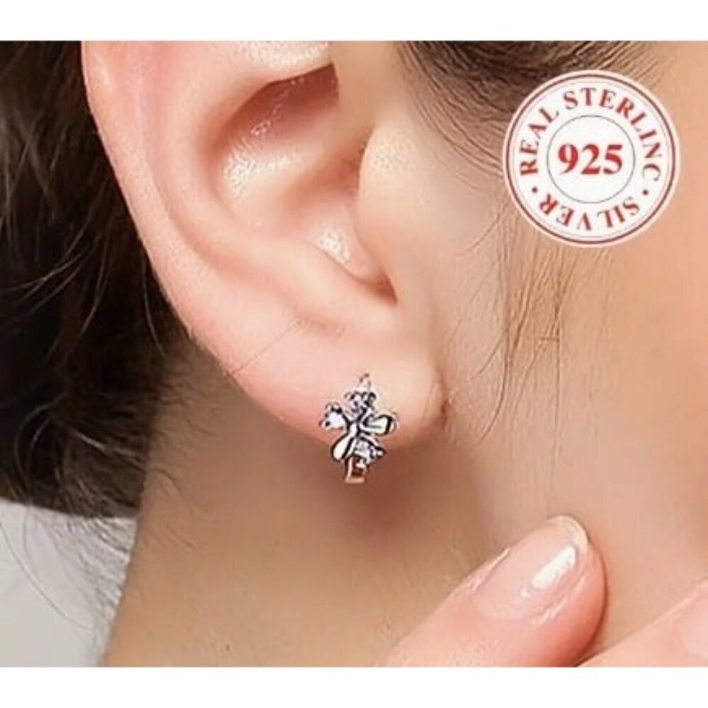 Sterling Silver Stimulated Diamond Zircon Flower Huggie Earrings - Picture 3 of 6